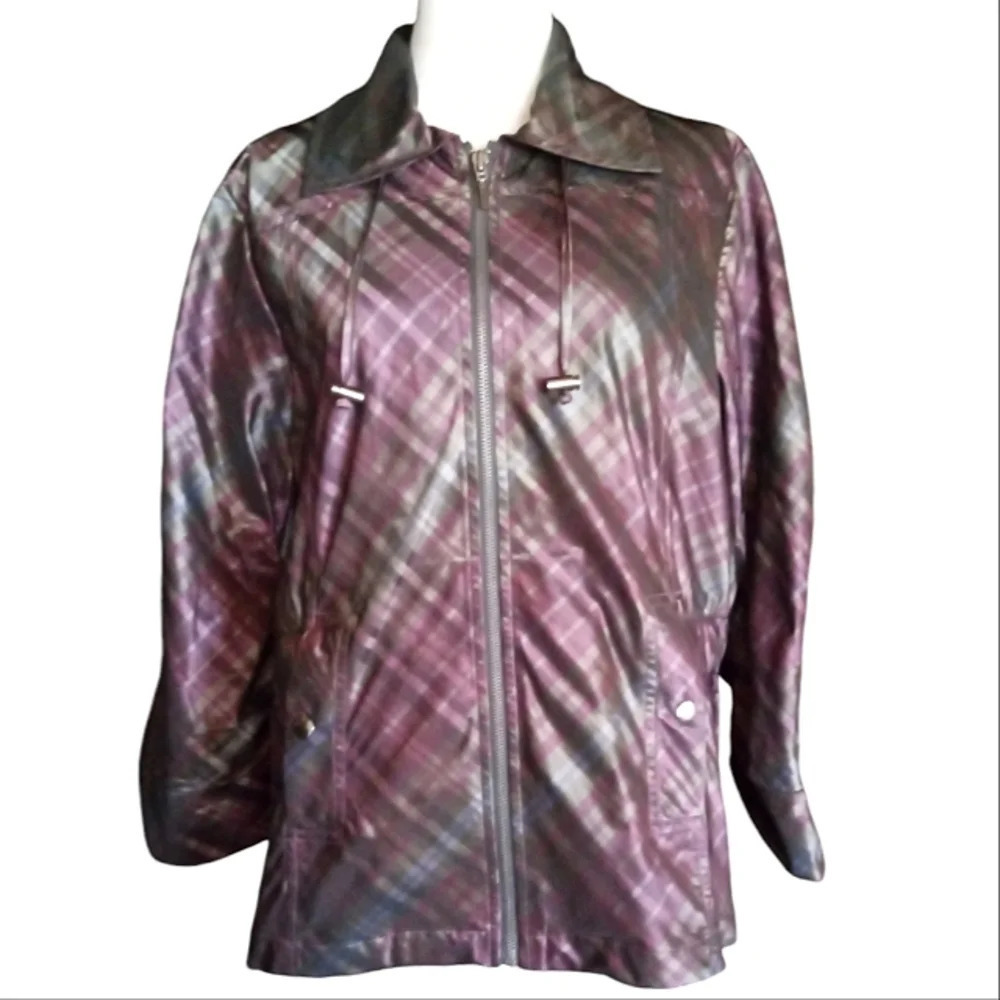 Chico's Purple Green Plaid Zip Front Jacket Pockets Size 2 Medium